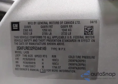 2015 GMC Terrain Sle-2 из США, поврежденный, VIN 2GKFLRE32F6344149